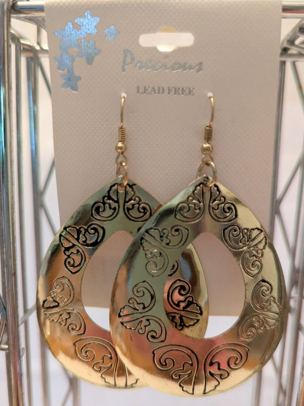 Precious Gold-Toned Ornate Cutout Teardrop Dangle Earrings